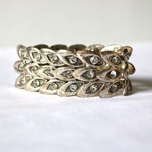 Expandable Bracelet Peacock Feathers Silver-Tone with Rhinestones Formal Bling